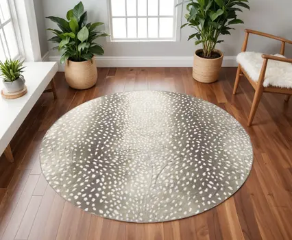 8' X 8' Beige Round Gazelle Print Shag Handmade Non Skid Area Rug