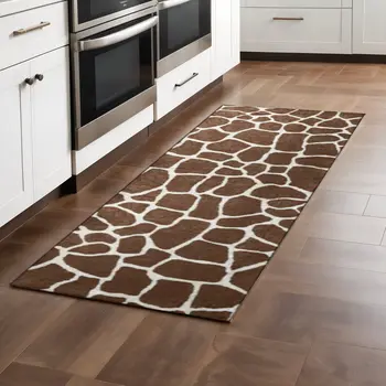 8' Brown and Ivory Animal Print Handmade Non Skid Runner Rug