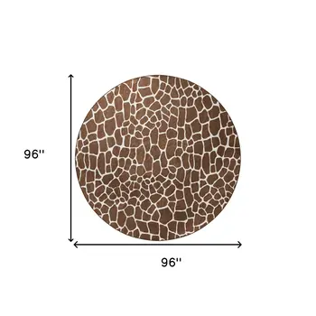 8' Brown and Ivory Round Animal Print Handmade Non Skid Area Rug