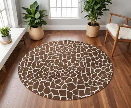 8' Brown and Ivory Round Animal Print Handmade Non Skid Area Rug