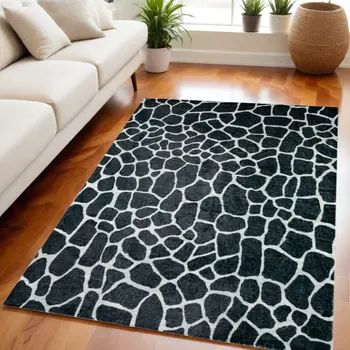 5' X 8' Black and White Croc Print Shag Handmade Non Skid Area Rug