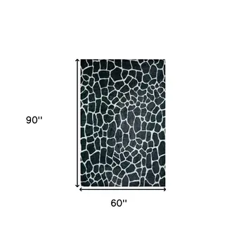 5' X 8' Black and White Croc Print Shag Handmade Non Skid Area Rug