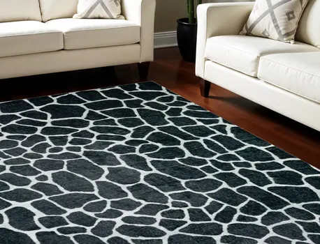 8' X 10' Black and White Croc Print Shag Handmade Non Skid Area Rug