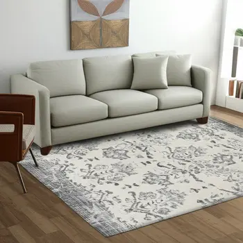 5' X 8' Gray and Ivory Oriental Area Rug