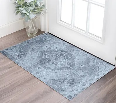 3' X 5' Blue and Ivory Oriental Distressed Area Rug