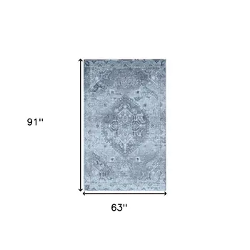 5' X 8' Blue and Ivory Oriental Distressed Area Rug