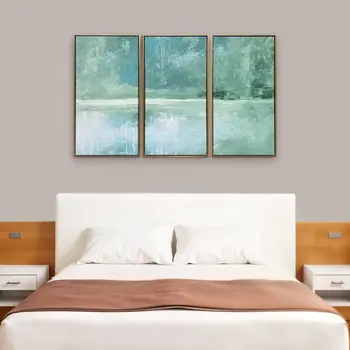 Set Of Three Blue Green Abstract Water with Gold Floater Frame Painting Wall Art