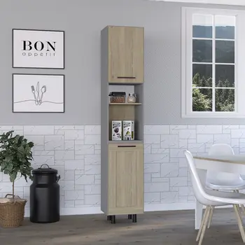 82" Gray And Oak Wood Pantry Or Storage Closet