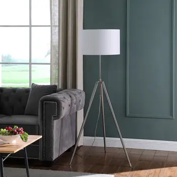 64" Silver Adjustable Tripod Floor Lamp With White Fabric Shade