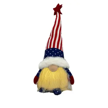 14" Red White and Blue Fabric Independence Day Standing Gnome Tabletop Sculpture with LED