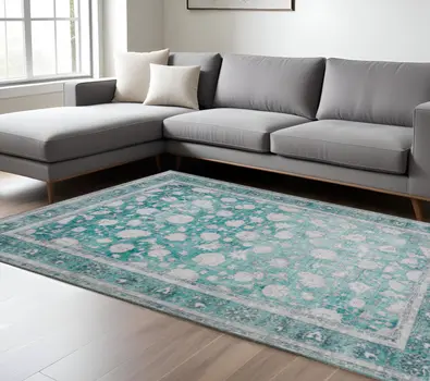 9' X 13' Blue Oriental Distressed Non Skid Area Rug