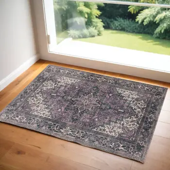 2' X 3' Purple Oriental Distressed Non Skid Area Rug