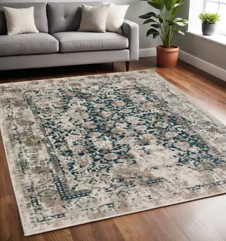 5' X 8' Blue Oriental Area Rug With Fringe