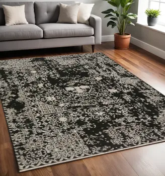 5' X 8' Black Oriental Area Rug With Fringe