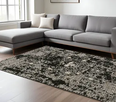 8' X 10' Black Oriental Area Rug With Fringe
