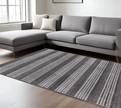 8' X 10' Dark Grey And Whie Hand Loomed Area Rug