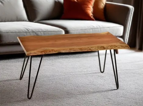 42" Natural And Black Solid Wood And Iron Coffee Table