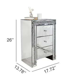 27" Silver Wood and Mirror And Mirrored Glass Three Drawer Nightstand