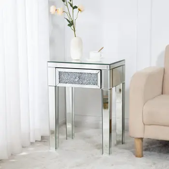 23" Silver Glass Mirrored End Table With Drawer