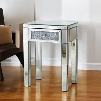 23" Silver Glass Mirrored End Table With Drawer