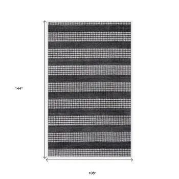 9' X 12' Black And White Striped Hand Loomed Area Rug