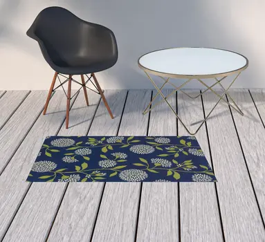 2' X 4' Blue and Green Floral Stain Resistant Indoor Outdoor Area Rug