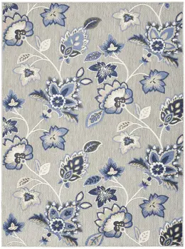 9' X 12' Blue And Grey Floral Stain Resistant Non Skid Area Rug