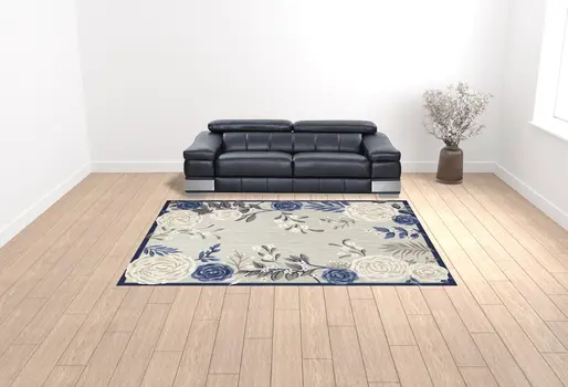 9' X 12' Blue And Grey Floral Stain Resistant Non Skid Area Rug