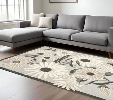 9' X 12' Beige Floral Stain Resistant Non Skid Area Rug