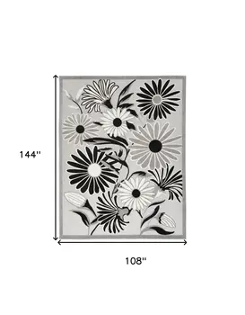 9' X 12' Black And White Floral Stain Resistant Non Skid Area Rug