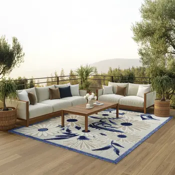 9' X 12' Blue and Gray Floral Non Skid Indoor Outdoor Area Rug