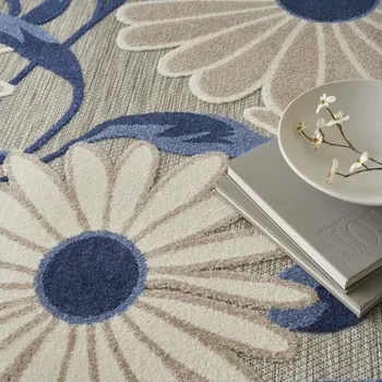 9' X 12' Blue and Gray Floral Non Skid Indoor Outdoor Area Rug