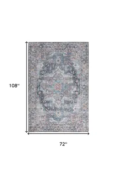 6' X 9' Light Blue And Orange Medallion Distressed Washable Area Rug