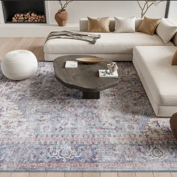 6' X 9' Blue And Orange Medallion Distressed Washable Area Rug