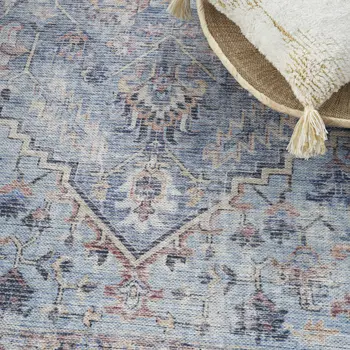 6' X 9' Light Grey And Blue Medallion Distressed Washable Area Rug