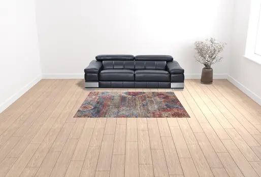 6' X 9' Blue And Pink Southwestern Distressed Washable Area Rug