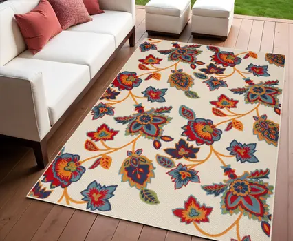4' X 6' Gray Blue and Orange Floral Non Skid Indoor Outdoor Area Rug