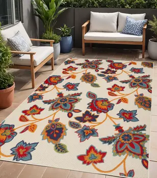 5' X 8' Gray Blue and Orange Floral Non Skid Indoor Outdoor Area Rug