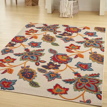 5' X 8' Gray Blue and Orange Floral Non Skid Indoor Outdoor Area Rug