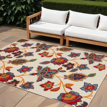 8' X 11' Gray Blue and Orange Floral Non Skid Indoor Outdoor Area Rug