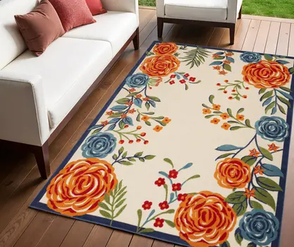 4' X 6' Ivory Blue and Orange Floral Non Skid Indoor Outdoor Area Rug