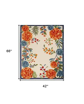 4' X 6' Ivory Blue and Orange Floral Non Skid Indoor Outdoor Area Rug