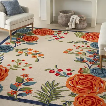 4' X 6' Ivory Blue and Orange Floral Non Skid Indoor Outdoor Area Rug