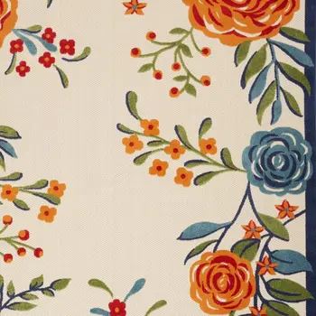 4' X 6' Ivory Blue and Orange Floral Non Skid Indoor Outdoor Area Rug