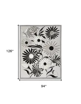 8' X 11' Black and White Floral Non Skid Indoor Outdoor Area Rug