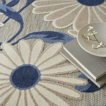 7' X 10' Blue And Grey Floral Stain Resistant Non Skid Area Rug