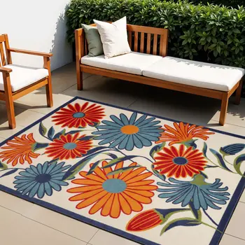 4' X 6' Ivory Blue and Orange Floral Non Skid Indoor Outdoor Area Rug