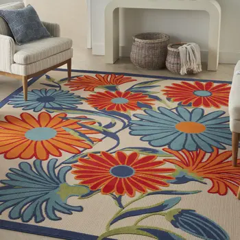 4' X 6' Ivory Blue and Orange Floral Non Skid Indoor Outdoor Area Rug