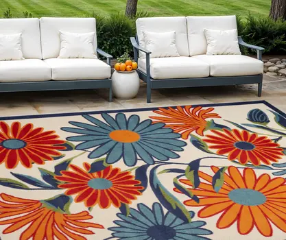 8' X 11' Ivory Blue and Orange Floral Non Skid Indoor Outdoor Area Rug
