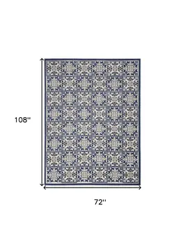 6' X 9' Blue Fleur De Lis Stain Resistant Non Skid Area Rug